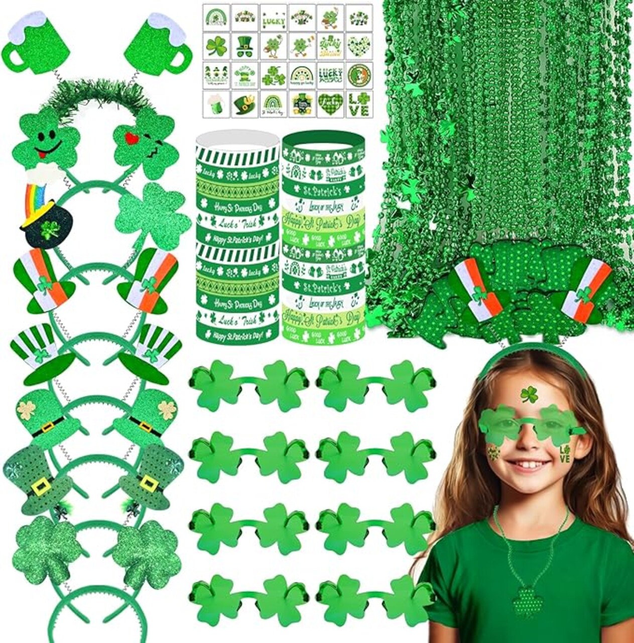 180 PCS ST Patricks Day Accessories Party Favors Supplies Decorations with Shamrock Headband Necklace Sunglasses Bracelet Tattoo Stickers